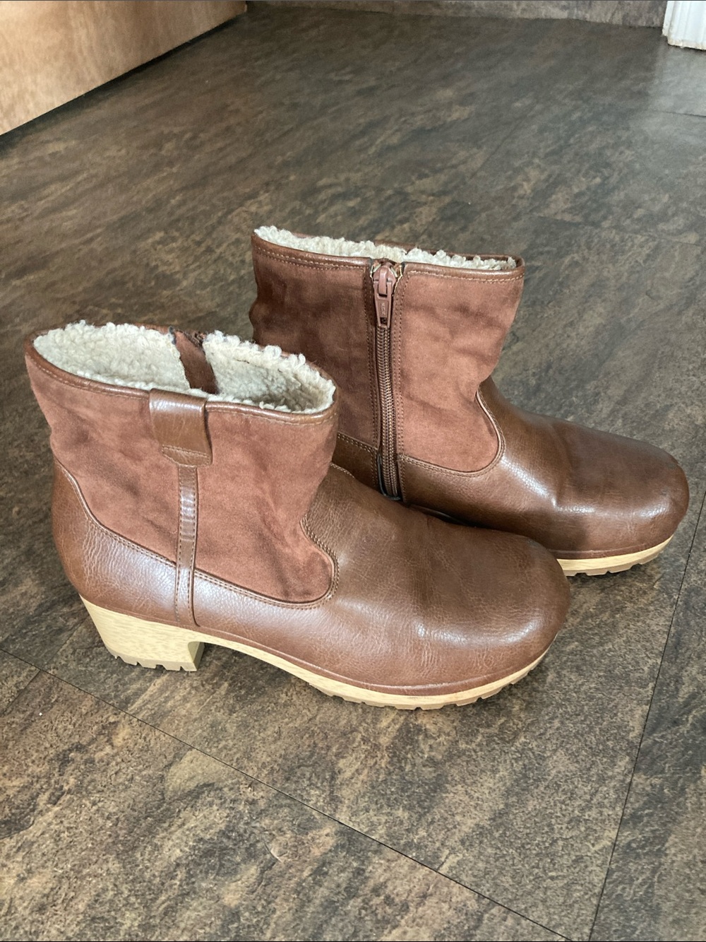 Universal Thread Brown Faux-Leather & Suede Ankle Booties with Shearling